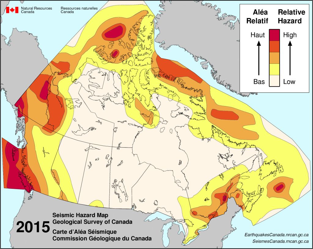 2015 Seismic Hazard Map showing relative high to low hazard across Canada