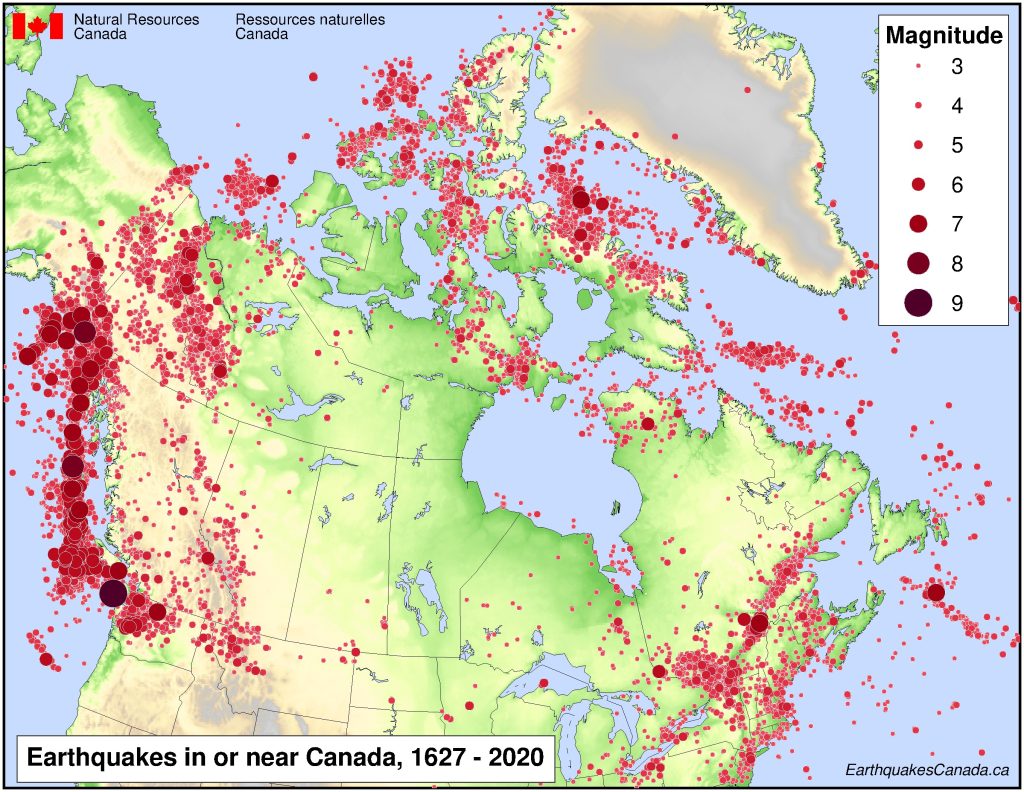 Map of earthquakes in Canada